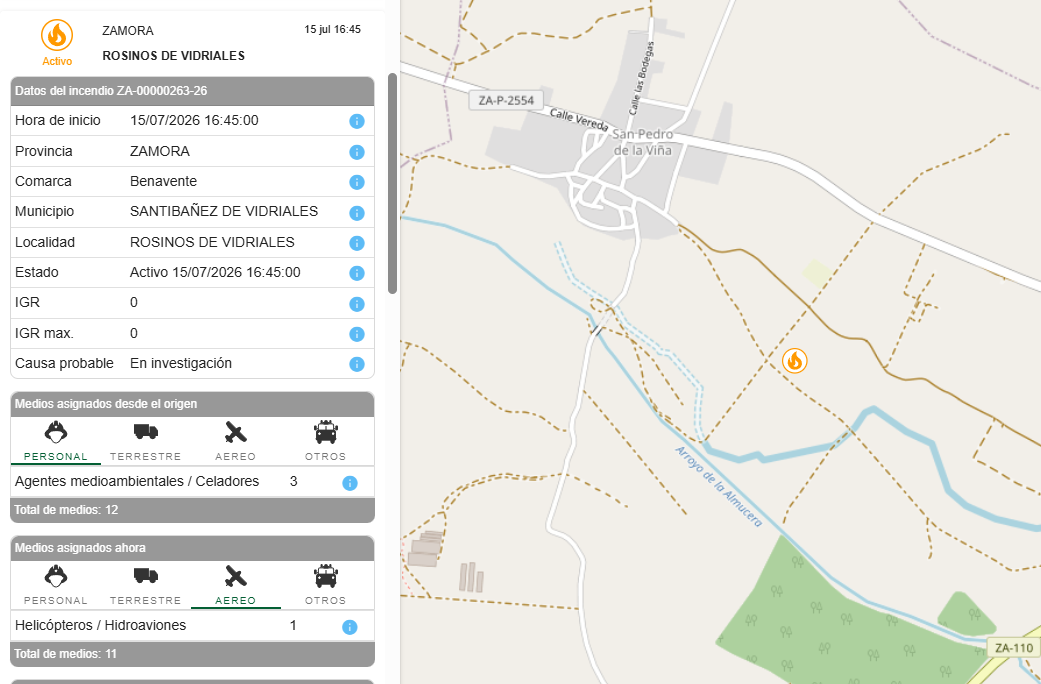 Activo un incendio forestal en Rosinos de Vidriales